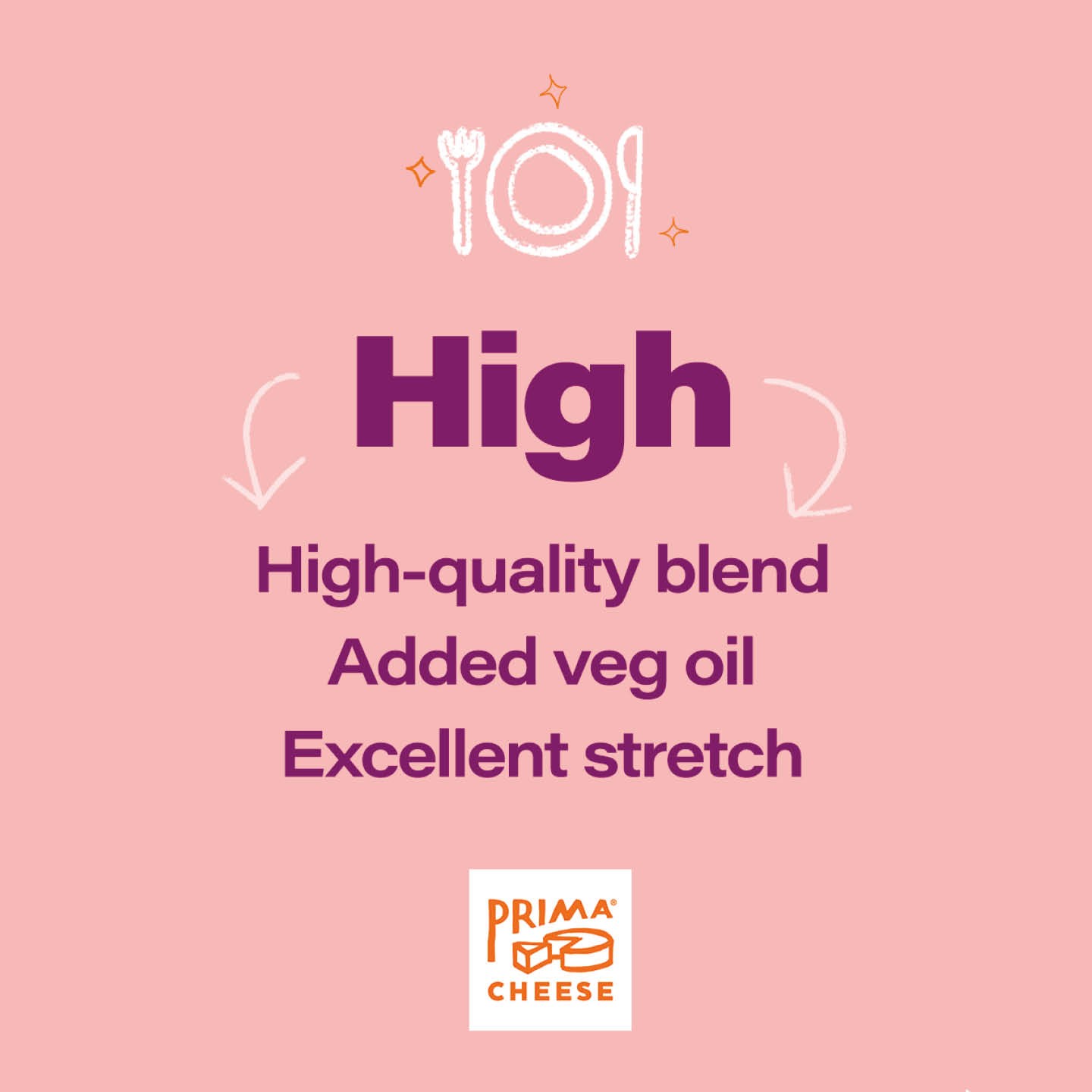 Pink background overlaid with purple text. It says, High. High quality blend, added veg oil, excellent stretch. A white drawing of a plate with cutlery is positioned above it.